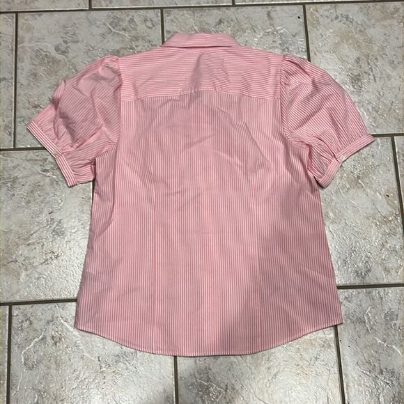 J Crew Factory Striped puff-sleeve button-up, pink and white size Large, NWT C29 - Picture 7 of 8